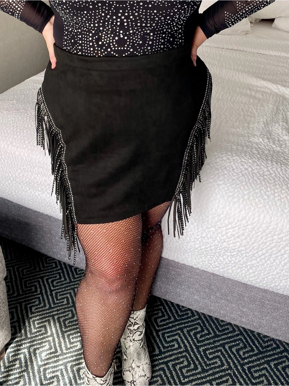 Black Fringe Mini Skirt with Studded Trim